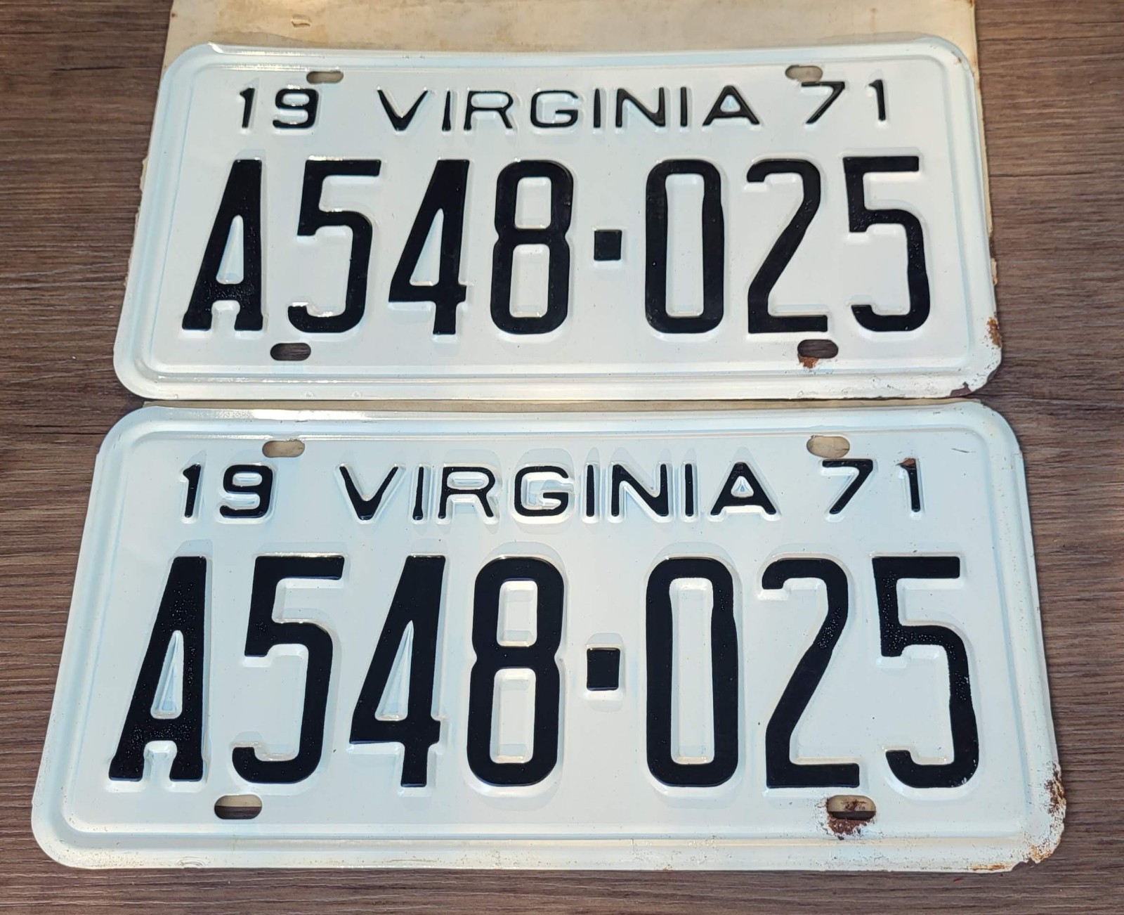 1971 Virginia License Plate Tag Pair  #A548-025  **Edge Rust, Unused**