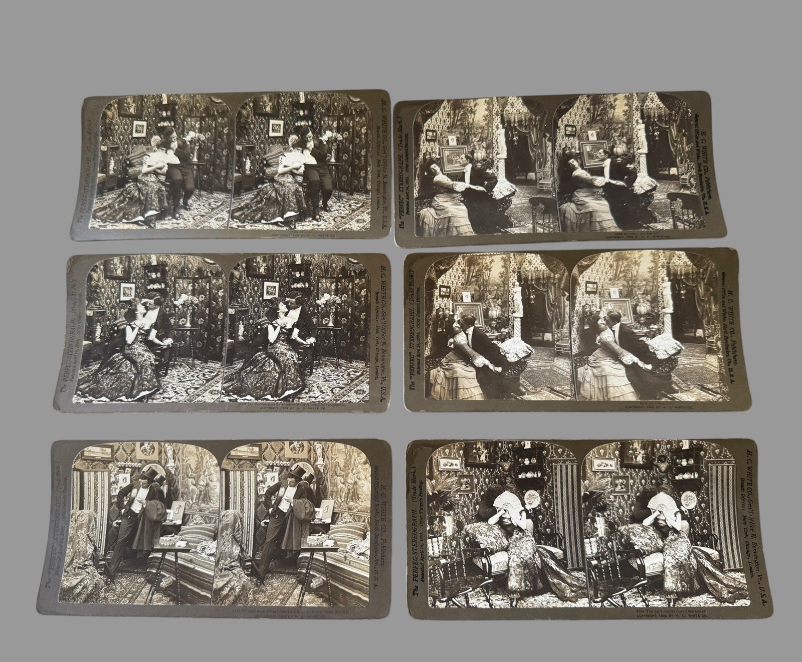 6 Antique H.C. White Perfect Stereoviews Victorian Romance Comic Interior Scenes