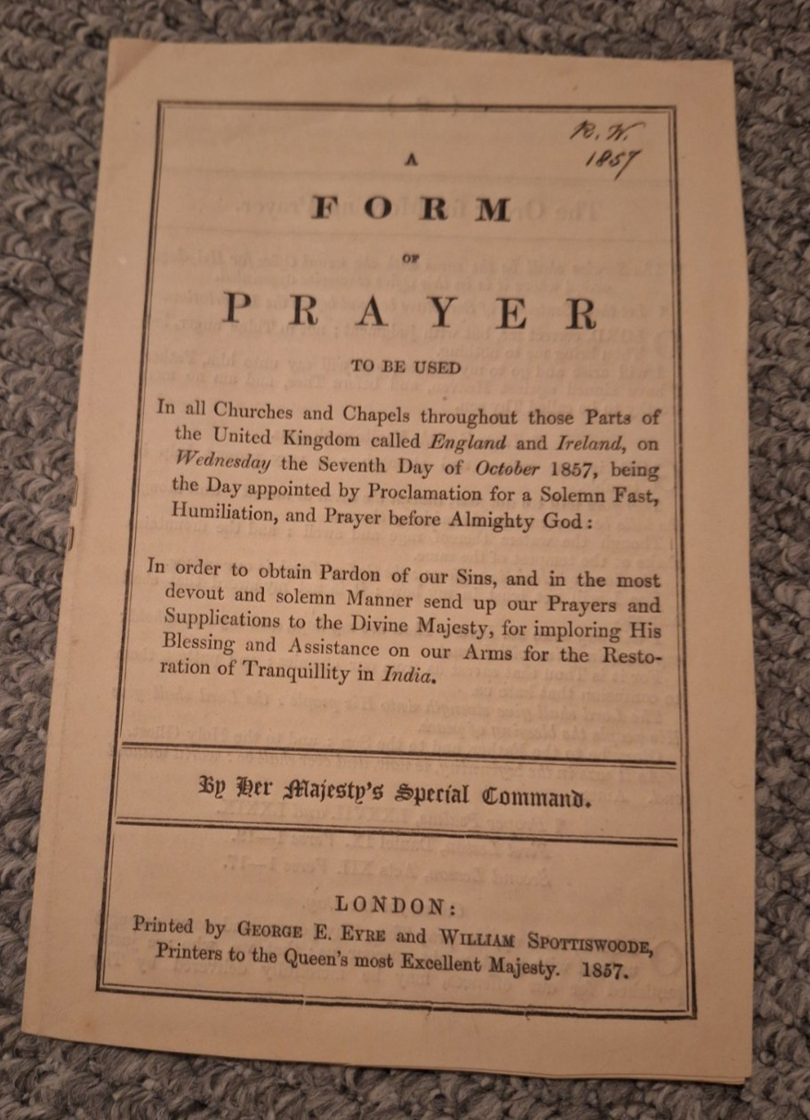 GENUINE ANTIQUE PAMPHLET-FORM OF PRAYER RESTORATION OF PEACE IN INDIA-1857.