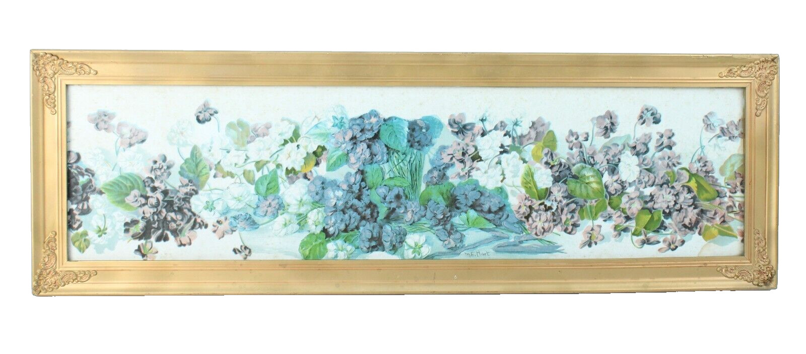 Antique M.E Hart Floral Violets lithograph Signed Antique Frame Antique M.E Hart Floral Violets lithograph Signed Antique Frame