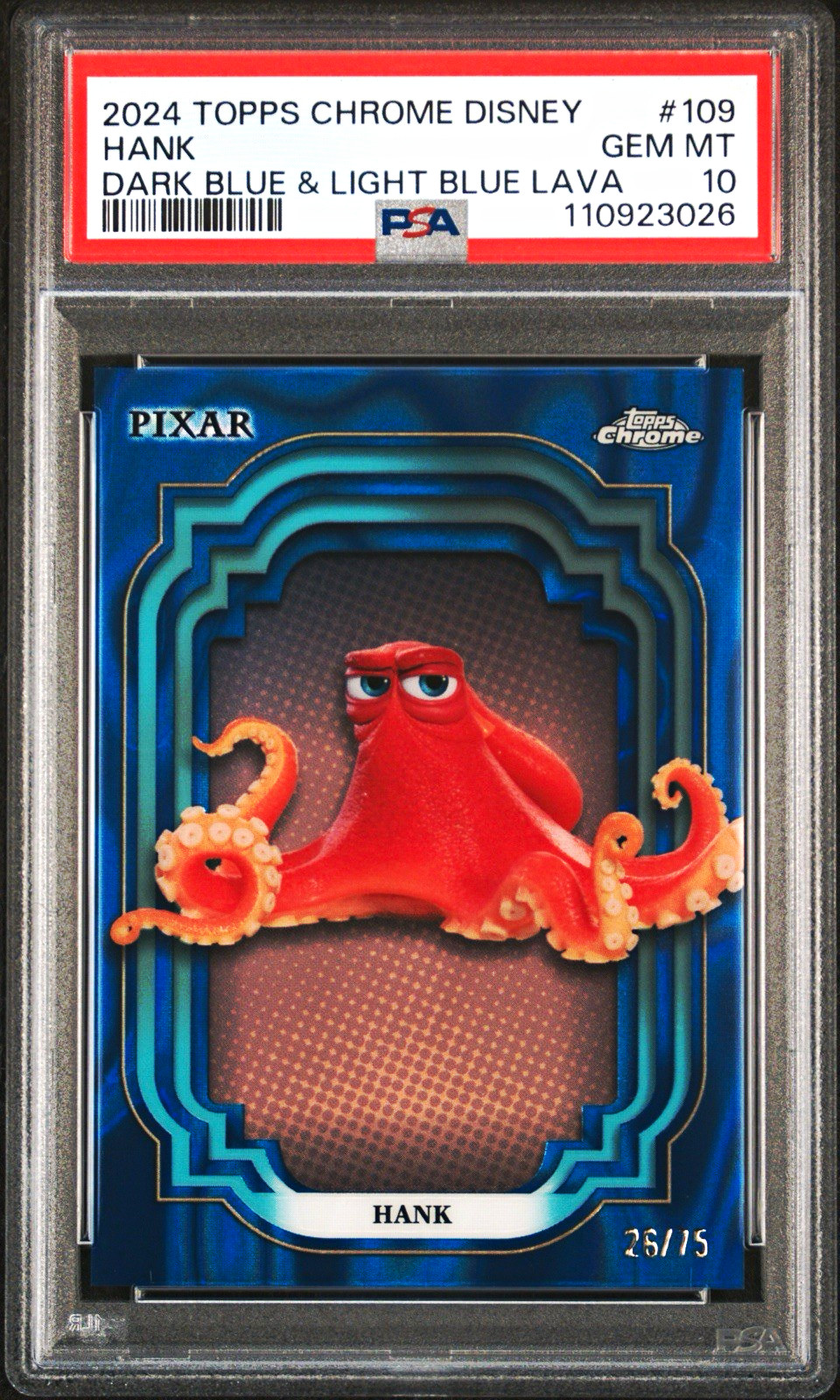 2024 Topps Chrome Disney Pixar #109 Hank Dark Blue & Light Blue Lava 26/75 2024 Topps Chrome Disney Pixar #109 Hank Dark Blue & Light Blue Lava 26/75