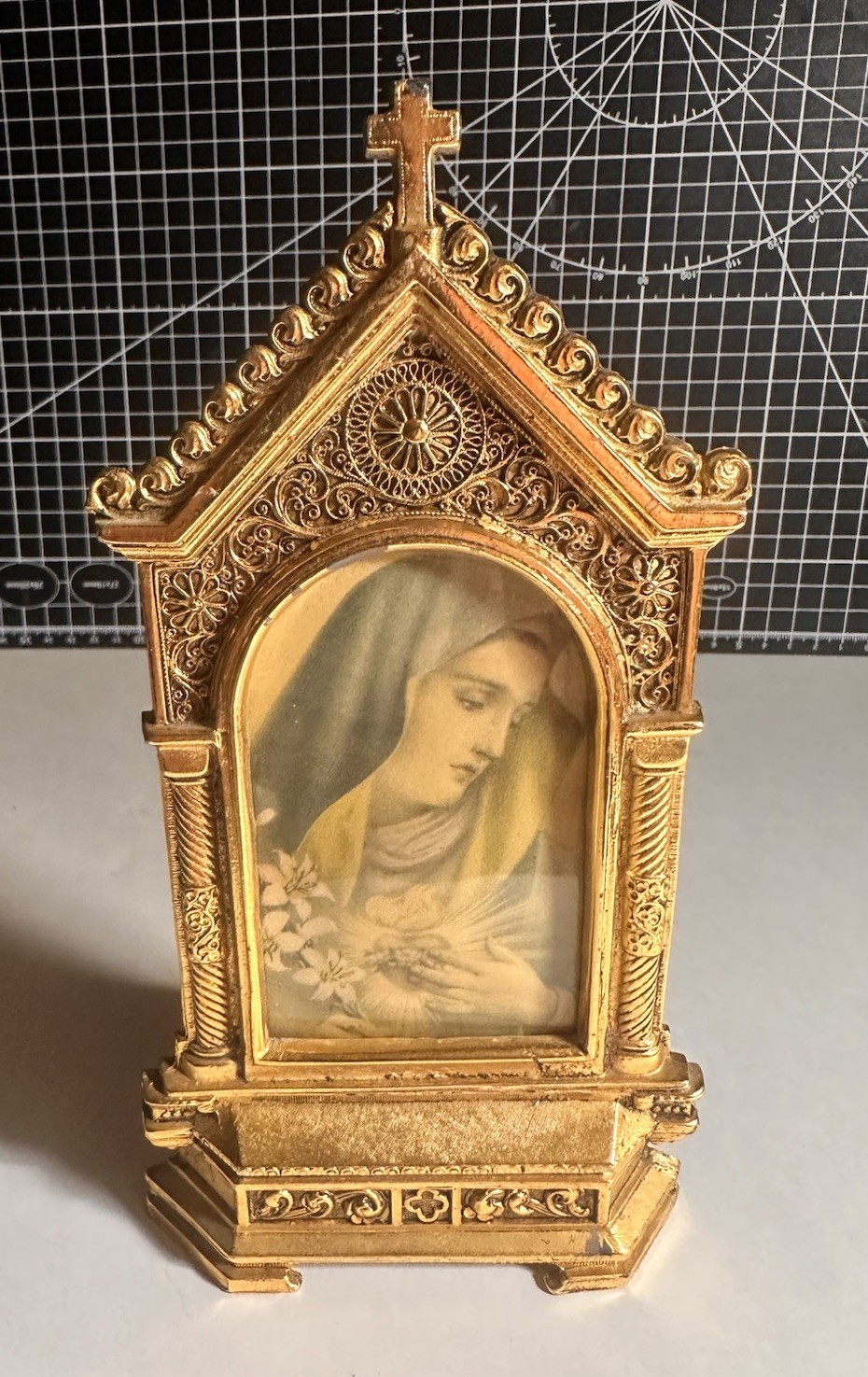 Antique “Madonna Of The Lillies” By A. Collino Traveling Metal Altar gold Gilt Antique “Madonna Of The Lillies” By A. Collino Traveling Metal Altar gold Gilt