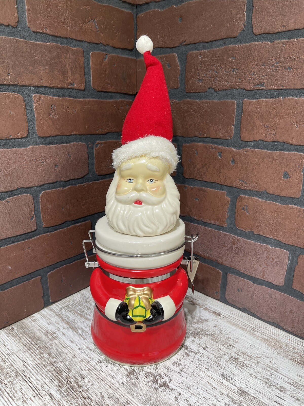 Santa Cookie Jar Wire Bail Christmas Holiday Candy Jar Santa Hat RARE, FAST SHIP