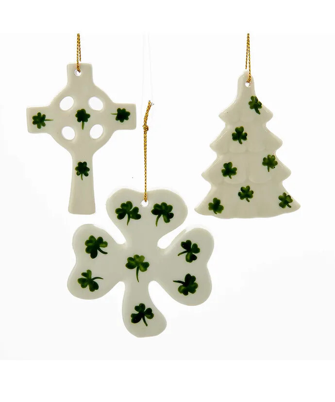 KURT ADLER SET OF 3 PORCELAIN IRISH CHRISTMAS ORNAMENTS - TREE, CROSS & SHAMROCK KURT ADLER SET OF 3 PORCELAIN IRISH CHRISTMAS ORNAMENTS - TREE, CROSS & SHAMROCK