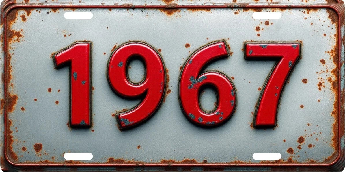1967 Flat Text Rusty License plate for Dodge, Ford, Chevrolet antique vehicle