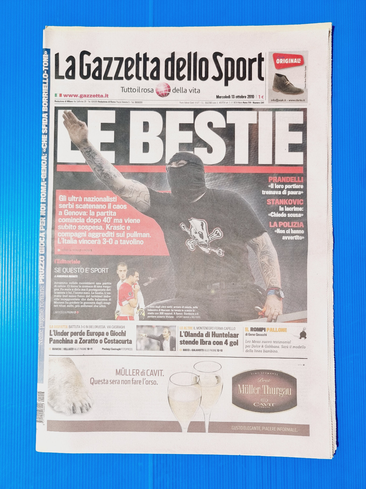 GAZZETTA DELLO SPORT 13 OCTOBER 2010 ITALY-SERBIA SUSPENDED ULTRAS SERBI GENOA