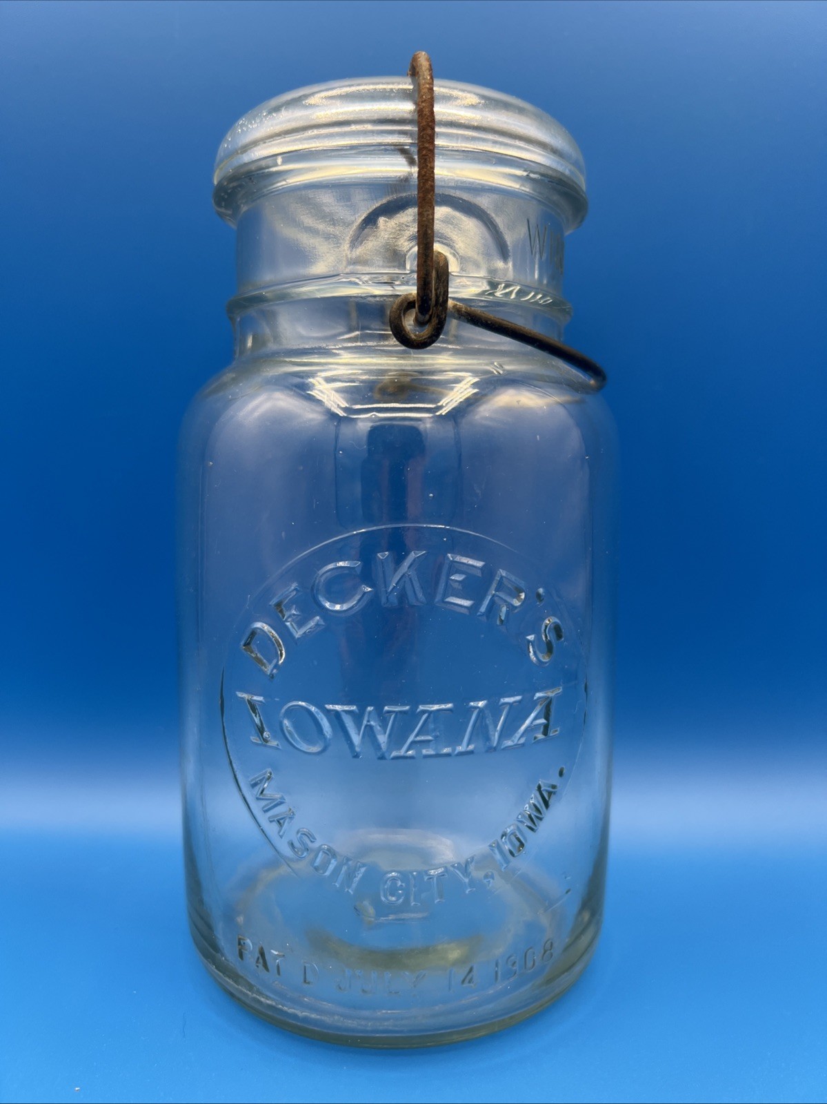 VINTAGE DECKER\'S IOWANA glass lid fruit jar, Mason City Iowa, July 14,1908 #7