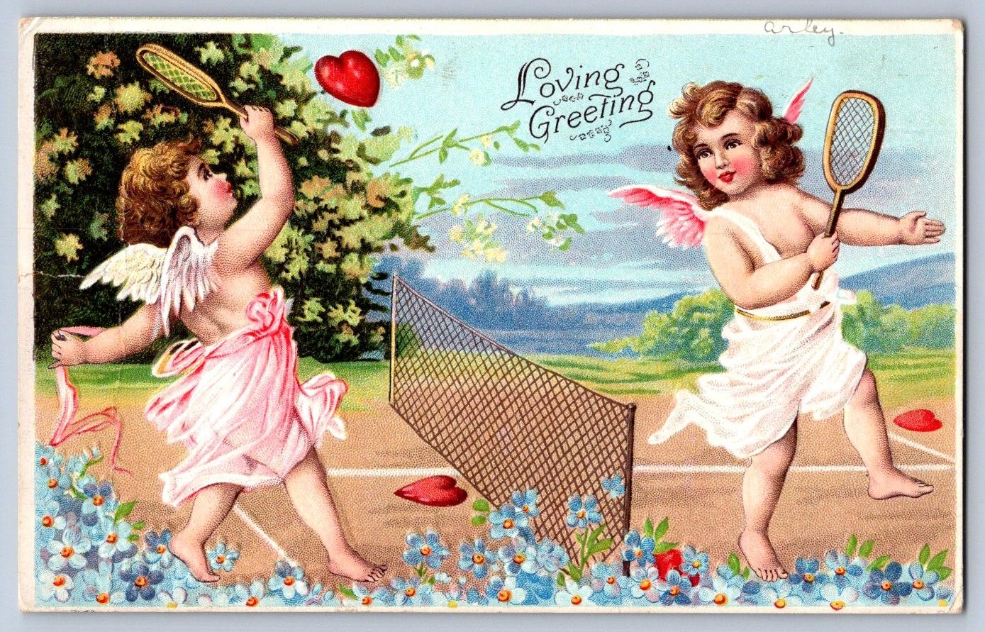 K61/ Valentine's Day Love Holiday Postcard c1910 Cupid Tennis Court Net 140 K61/ Valentine's Day Love Holiday Postcard c1910 Cupid Tennis Court Net 140