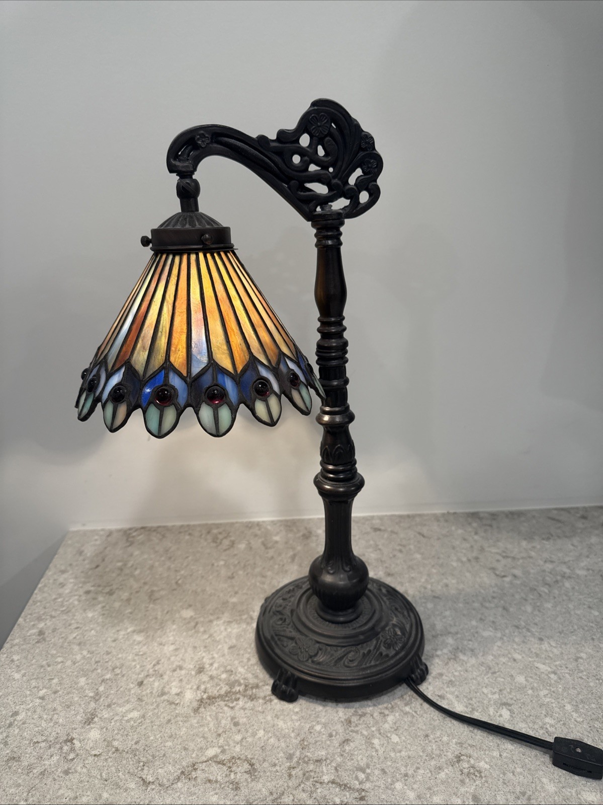 Meyda Tiffany Peacock Feather Stained Glass Desk Lamp - Beauty Approx 18” Tall
