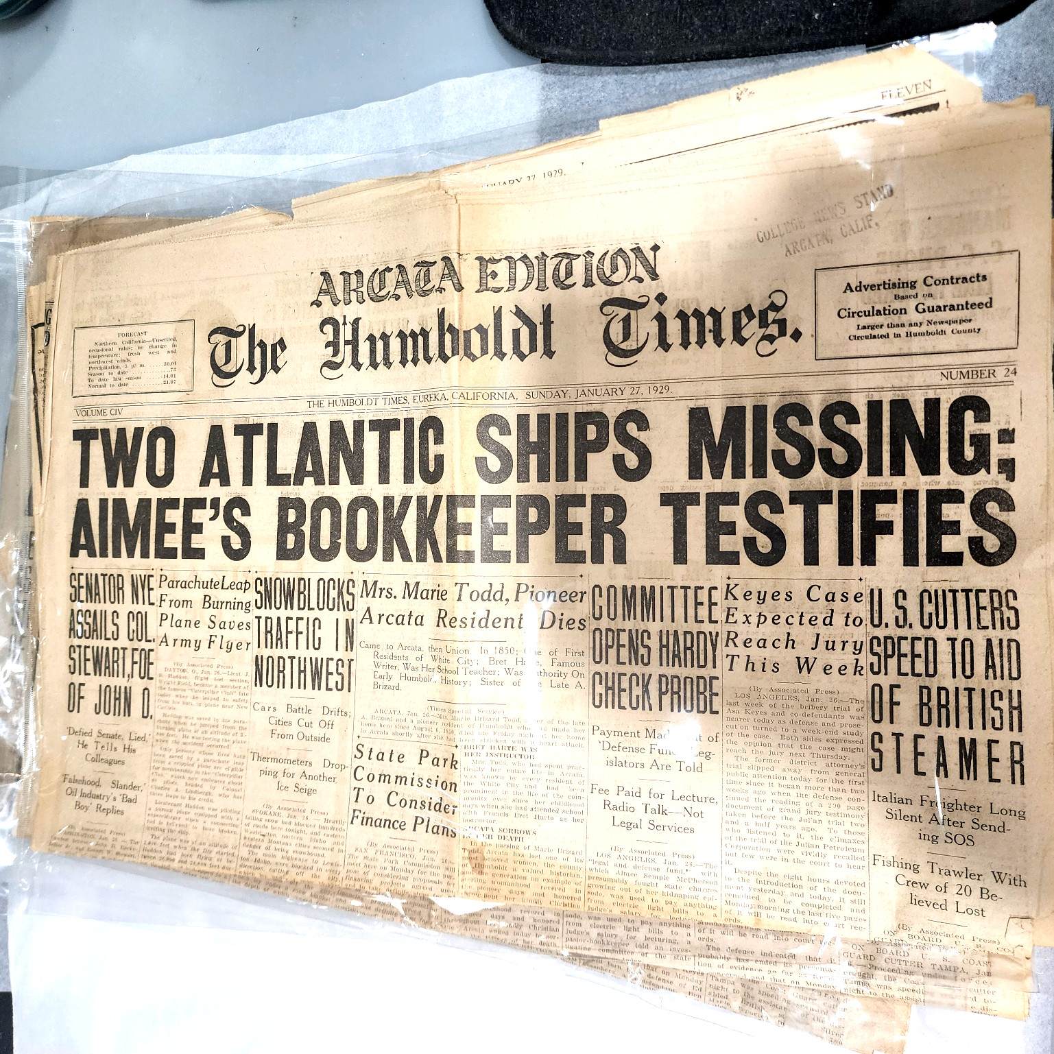1929 Humboldt Times Newspaper Aimee Semple McPherson Maritime Shipwreck History 1929 Humboldt Times Newspaper Aimee Semple McPherson Maritime Shipwreck History