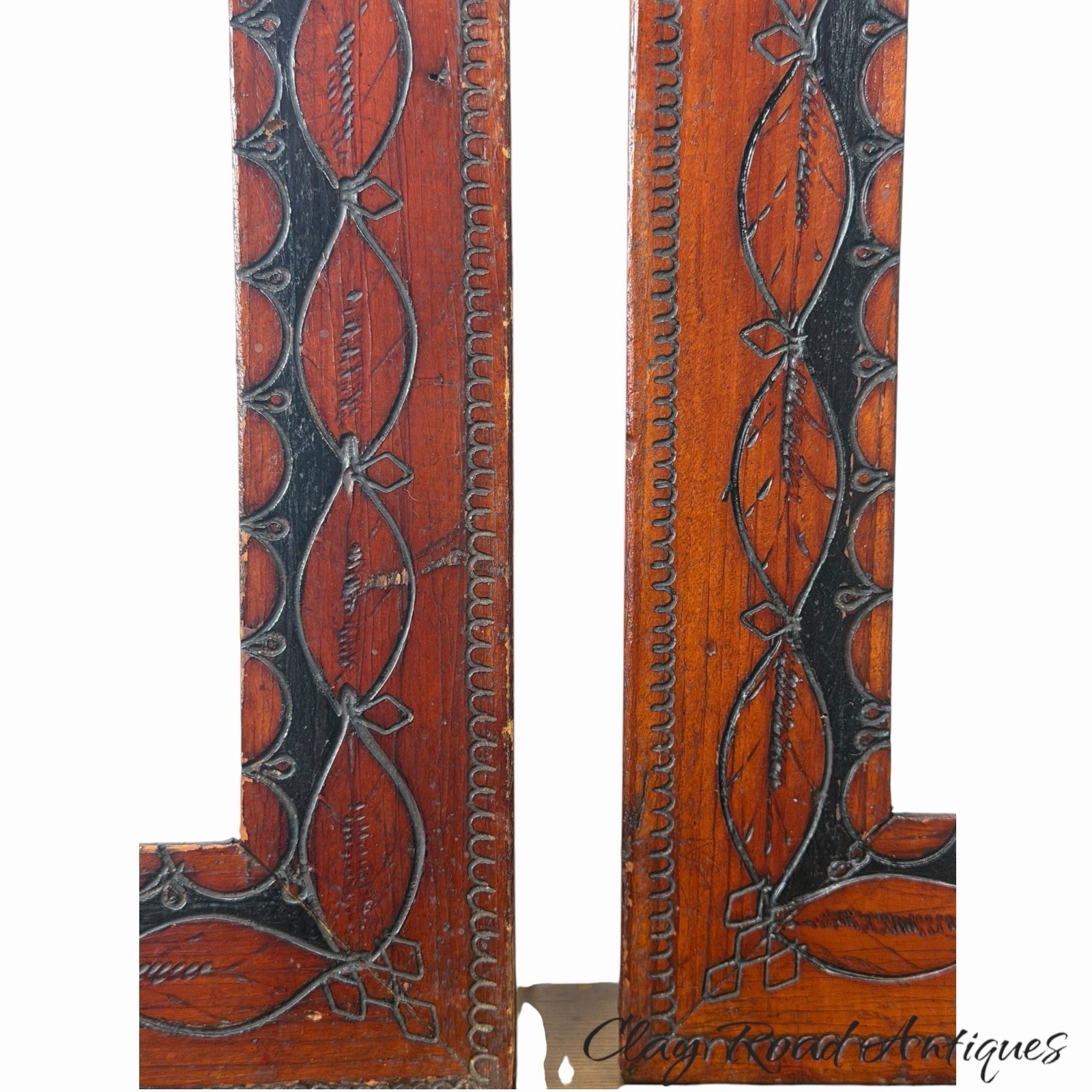 Pair Antique 19th C Folk Art Carved Wood Picture Frames incised ebonized paint Pair Antique 19th C Folk Art Carved Wood Picture Frames incised ebonized paint