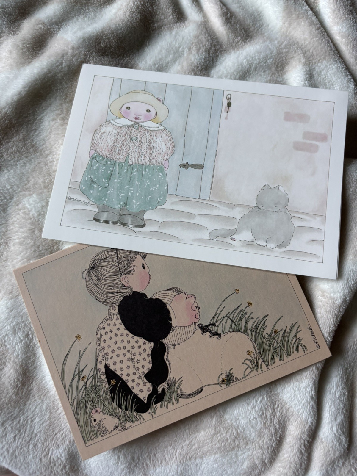 Vintage Michel & Co Lot of 2 Unused Greeting Cards Whimsical Girl Bonjour Cat