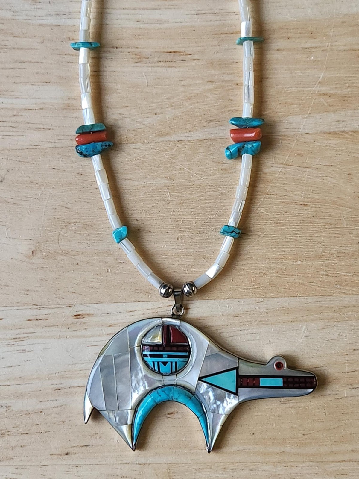 BEAR SUNFACE MOTHER OF PEARL TURQUOISE CORAL INLAY NATIVE AMERICAN NECKLACE BEAR SUNFACE MOTHER OF PEARL TURQUOISE CORAL INLAY NATIVE AMERICAN NECKLACE