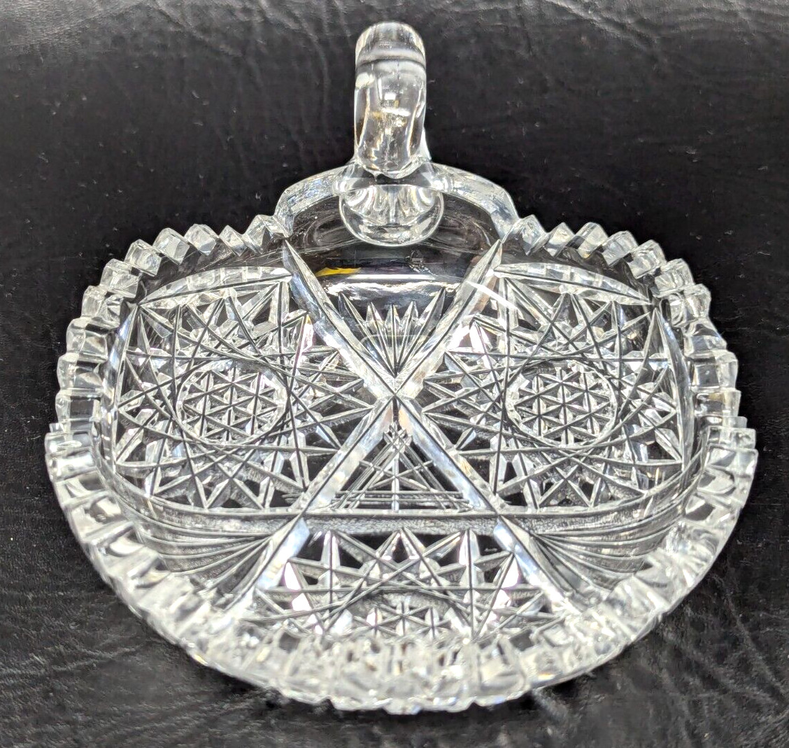Vintage American Brilliant ABP Clear Crystal Sawtooth Handled Bon Bon Nappy Dish