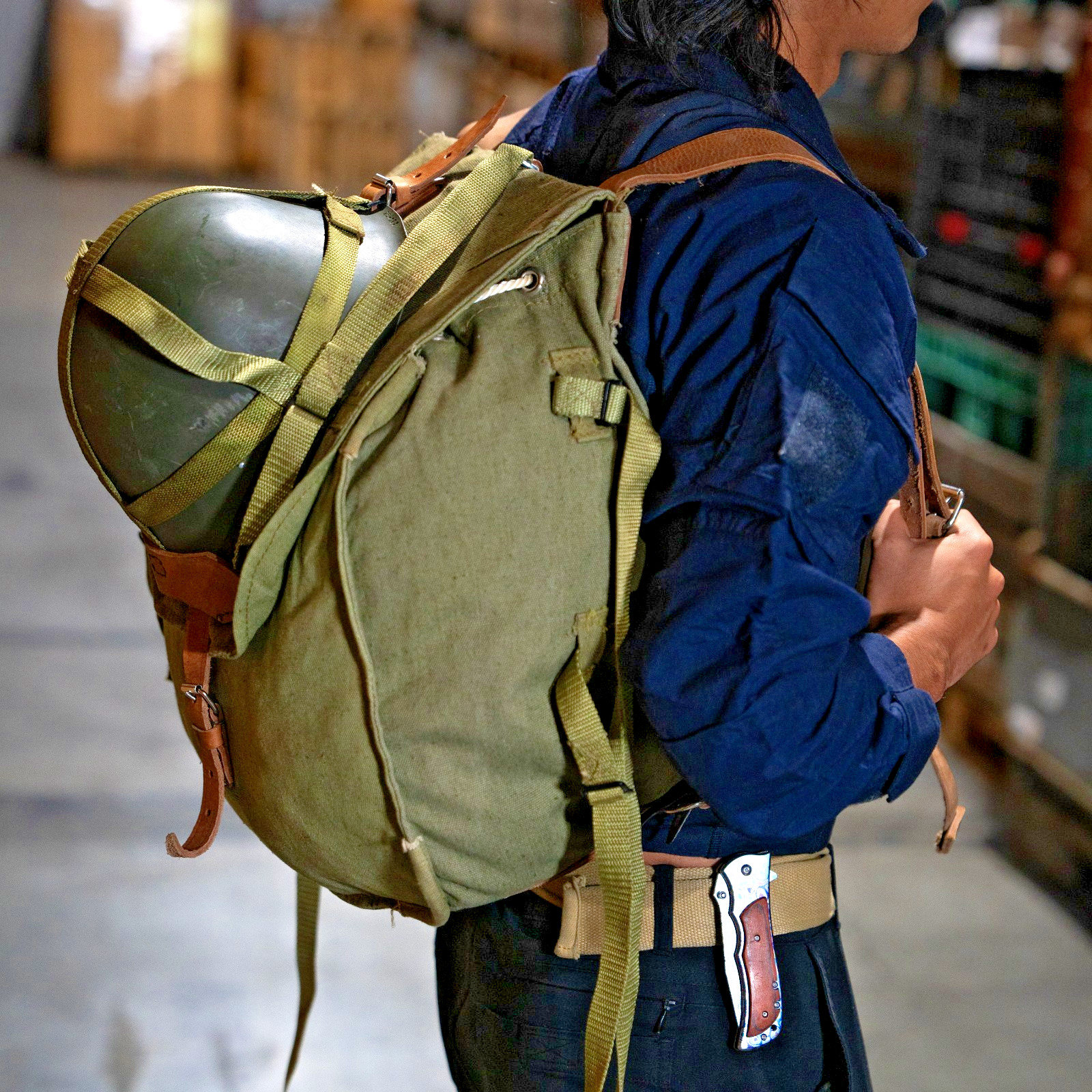 Romanian Military Canvas Backpack 40L Rucksack Vintage Army Surplus Helmet Strap Romanian Military Canvas Backpack 40L Rucksack Vintage Army Surplus Helmet Strap