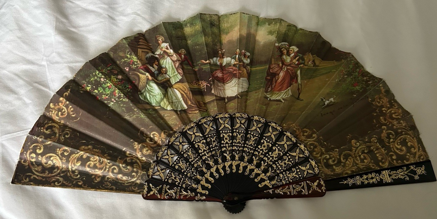 Vintage Folding Fan Souvenir  Spain 17 In.  Open . Playing Little Hen Hen Game