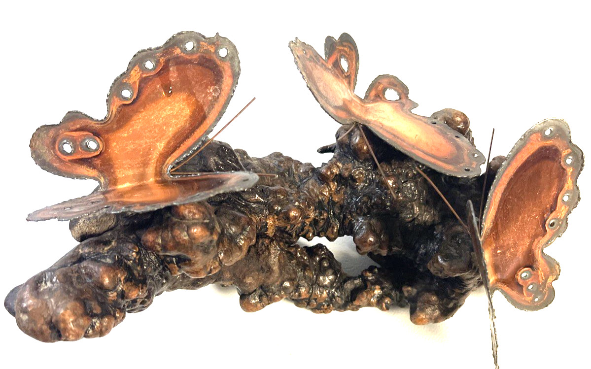 Mid Century Driftwood Sculpture Art Copper Butterflies Centerpiece