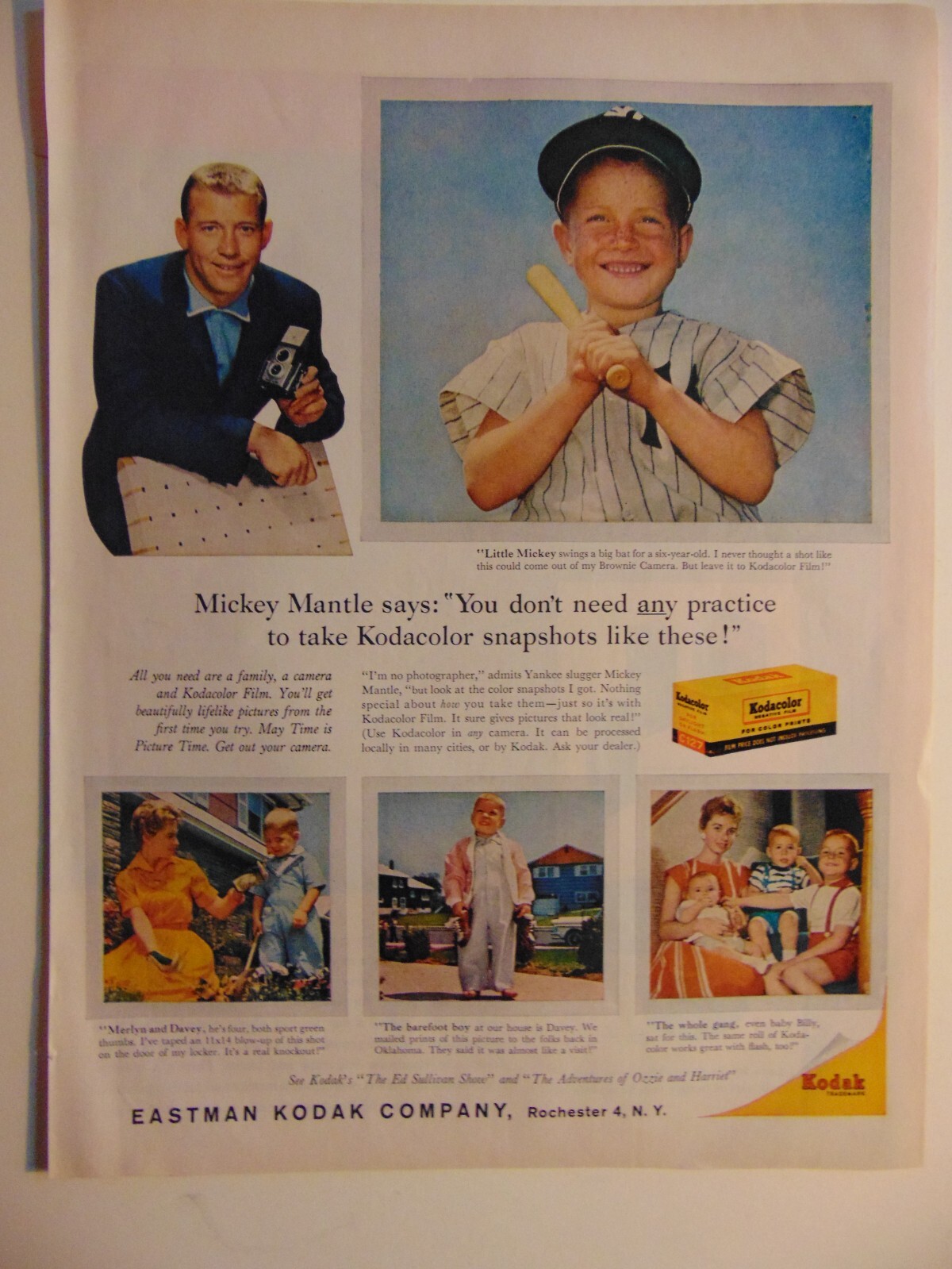 1959 KODAK FILM~ MICKEY MANTLE Endorses vintage art print ad