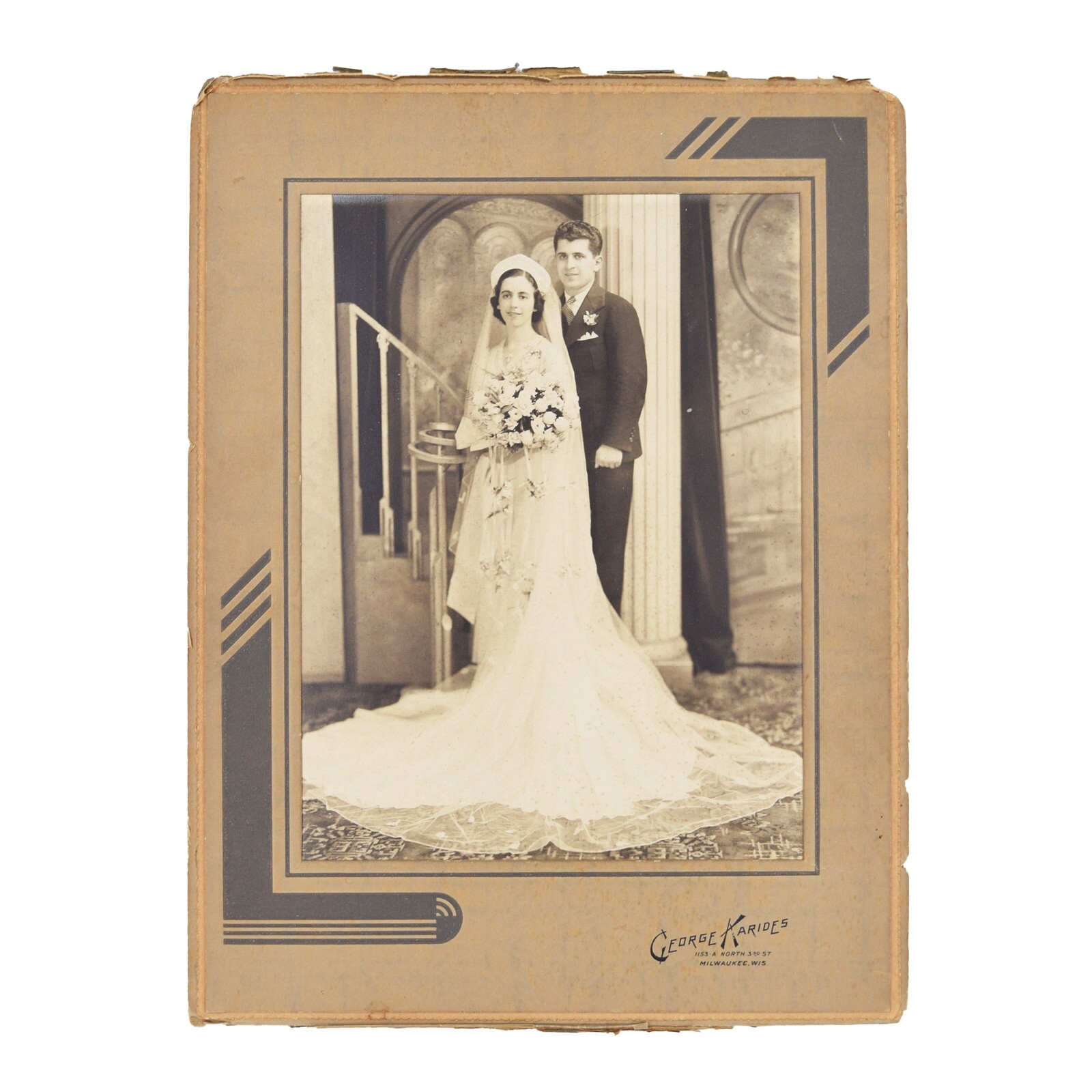 VTG 1920's Formal Wedding Portrait George Karide’s Milwaukee WI 8.5” x 11”