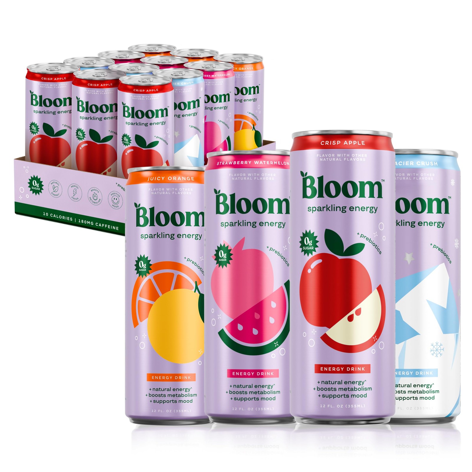 Bloom Nutrition Zero Sugar Energy Drink, Variety Pack, 12 Fl Oz (Pack of 12)