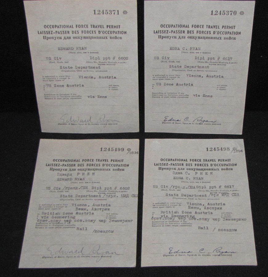 Occupational Force Travel Permits~1952 Austria; US & British Zones~Lof of FOUR