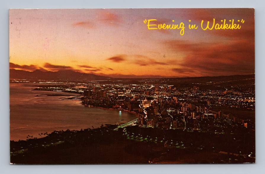 Vintage Hawaii Postcard HONOLULU Evening Waikiki Lights Helicopter 1970