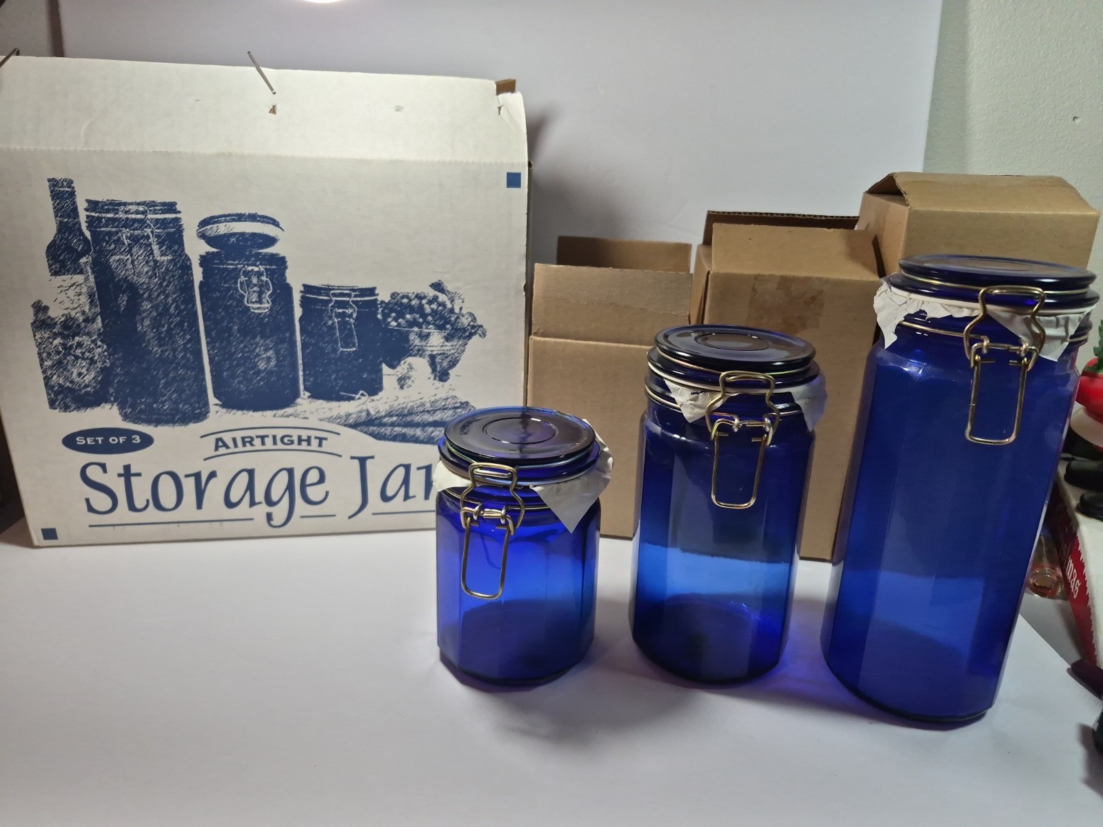 Vintage Cobalt Blue Glass Canister Set Of 3 Jars Wire Bail Lids Rubber Seal READ