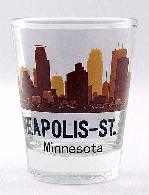 MINNEAPOLIS-ST.PAUL MINNESOTA SUNSET SKYLINE SHOT GLASS SHOTGLASS