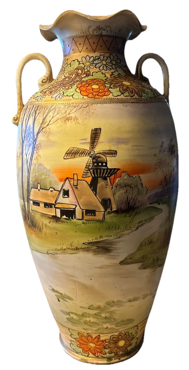Vintage ESO Nippon Handled Vase Hand Painted Old Country Sunset Landscape