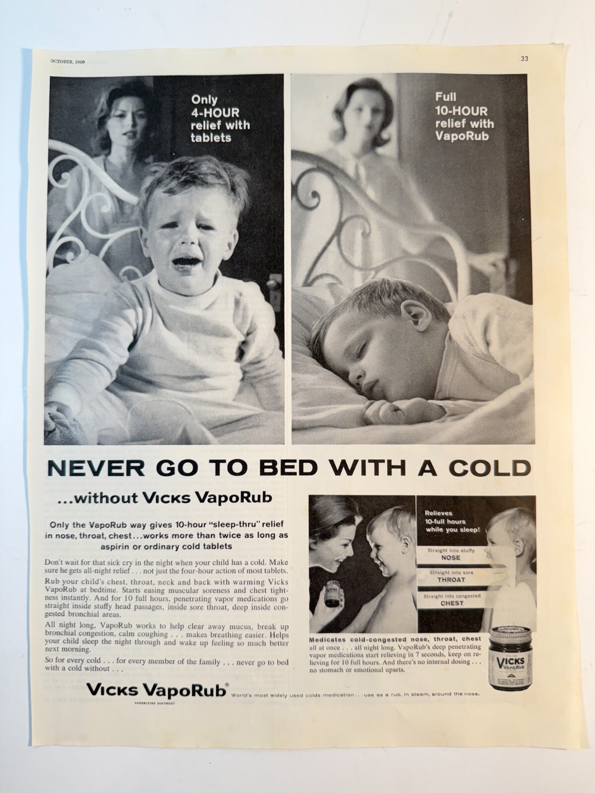 Vintage 1960 Vicks VapoRub Crying Sick Child Advertisement Print Ad