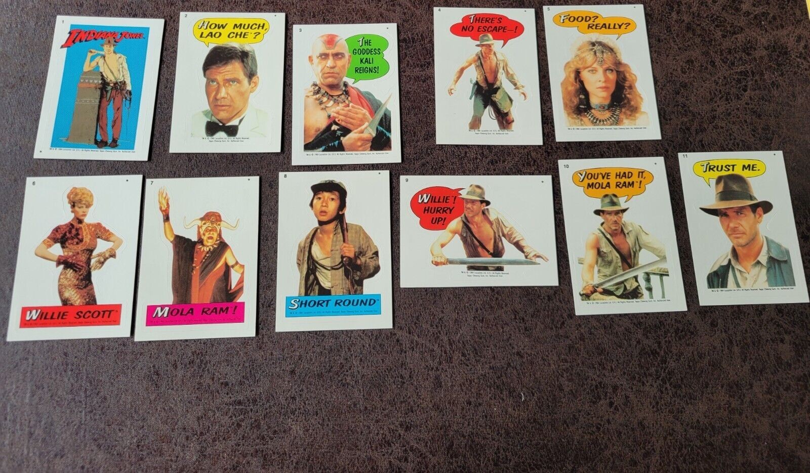 1984 INDIANA JONES TEMPLE OF DOOM COMPLETE TRADING CARD STICKER SET OF 11