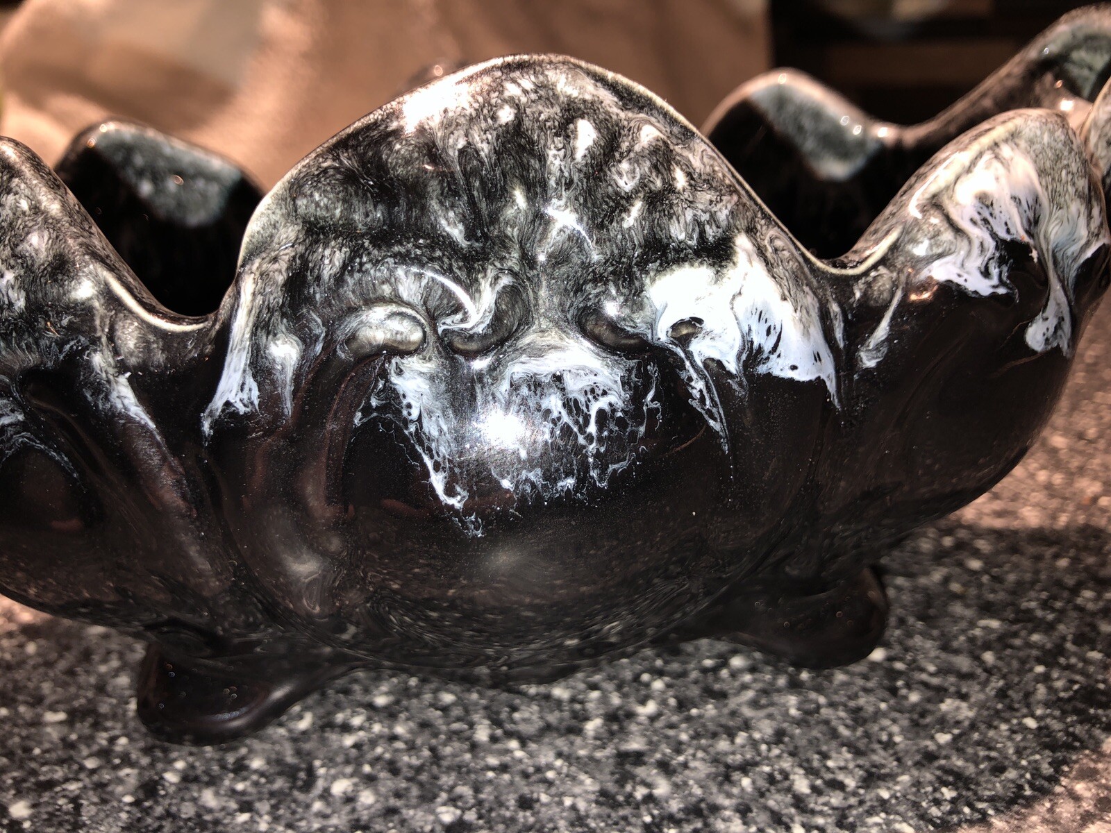 Vintage Hull Footed Planter USA Black with White Drip Glaze 