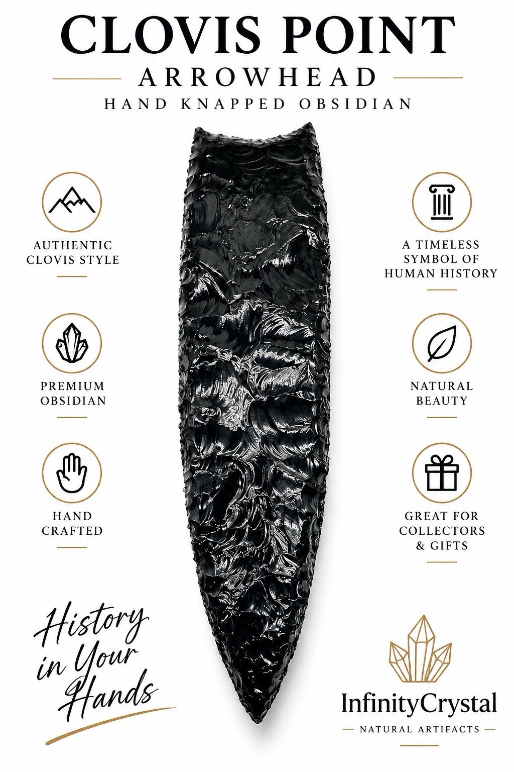 Giant Black Obsidian Clovis Point Arrowhead Hand Knapped Spearhead Paleo Replica