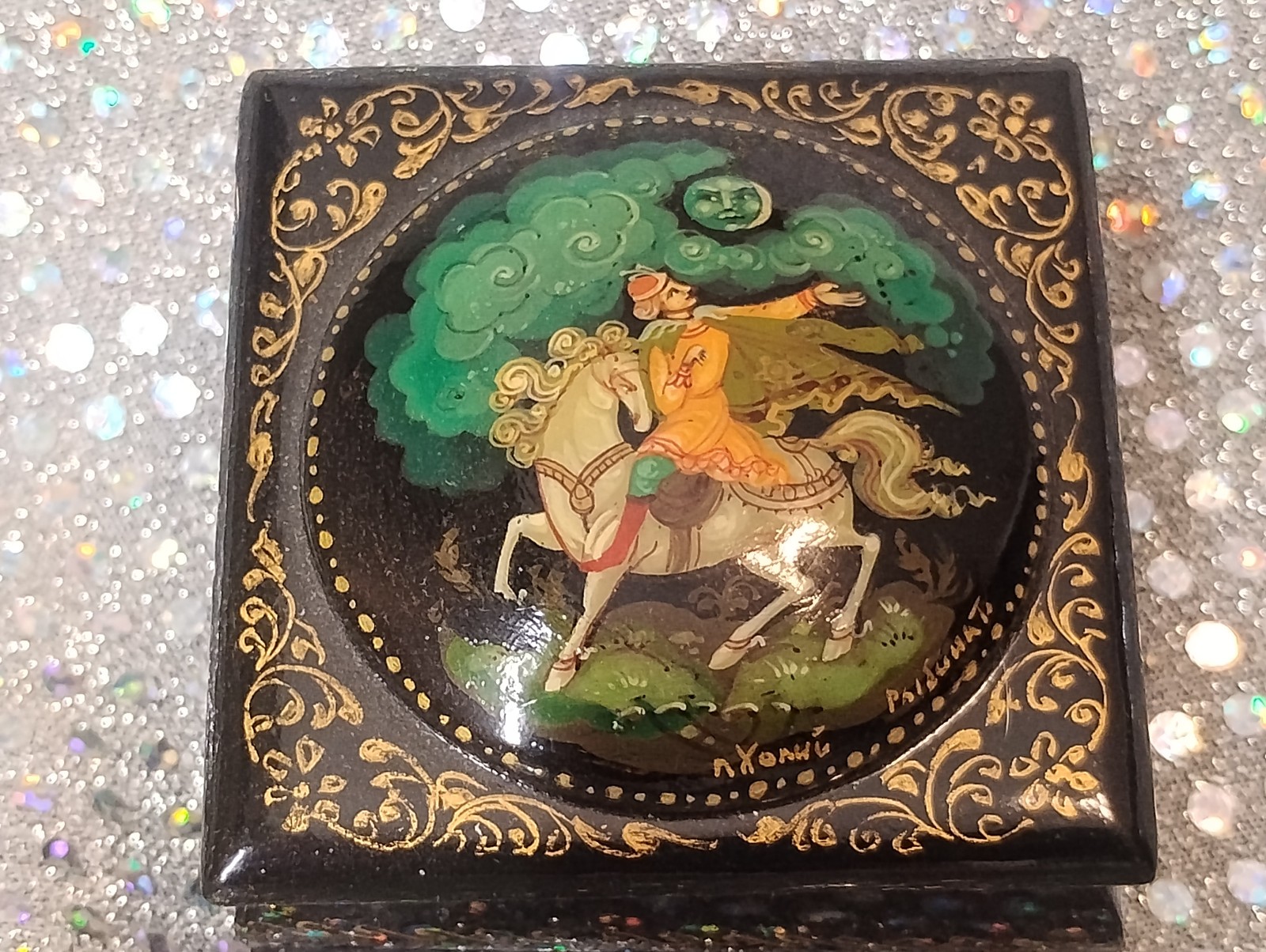 Russian  Lacquer Box Signed - Hand Painted Signed Horses 2 3/8 X 2 3/8\