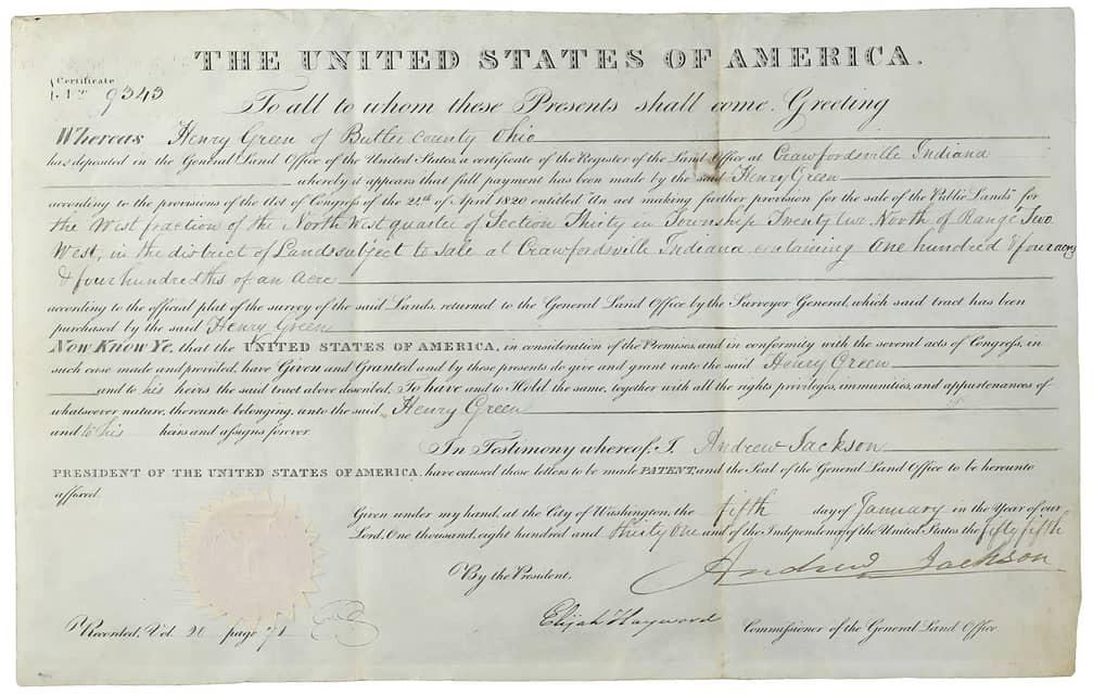 Jan 5, 1831 President Andrew Jackson Signed Land Grant Document 15.5x10 PSA/DNA