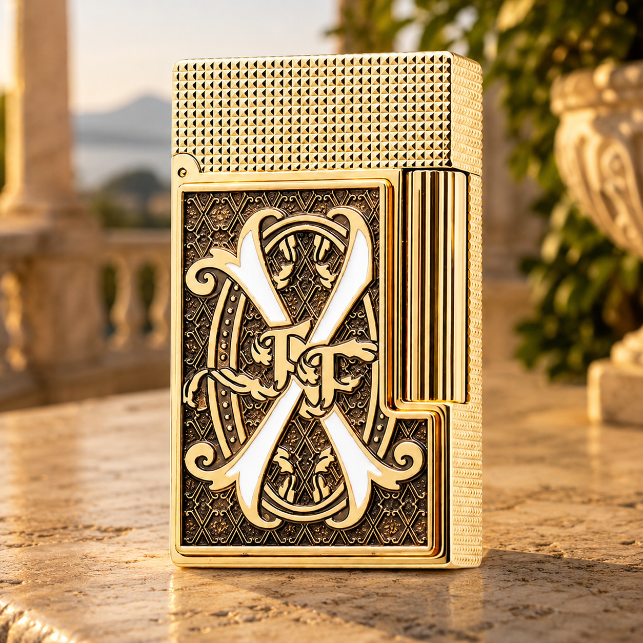 S.T. DUPONT Fuente Double Flame White V Emblem Gold Ligne 2 Lighter