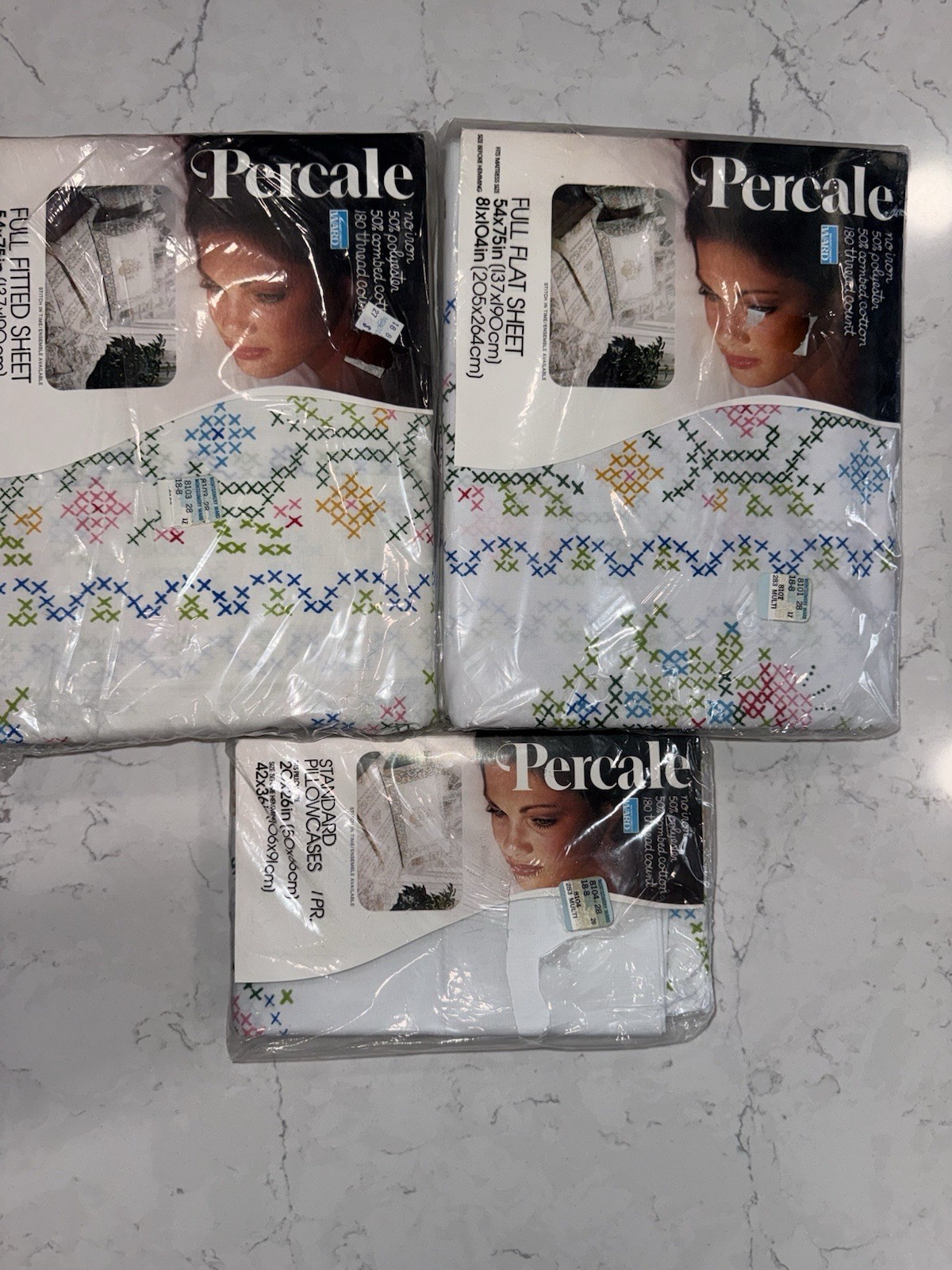 Vintage NOS 70s Montgomery Ward Stitch In Time Full Sheet Set Percale No Iron Vintage NOS 70s Montgomery Ward Stitch In Time Full Sheet Set Percale No Iron