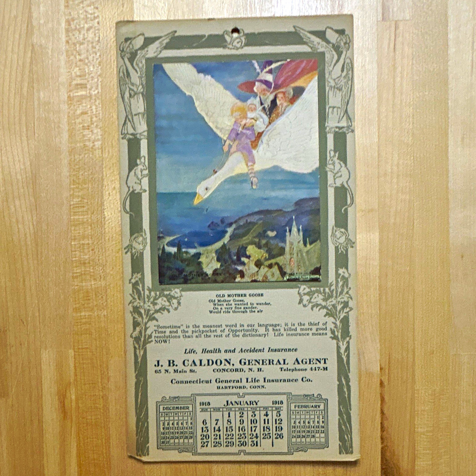 Vintage 1918 Connecticut General Life Insurance Co. Calendar Old Mother Goose