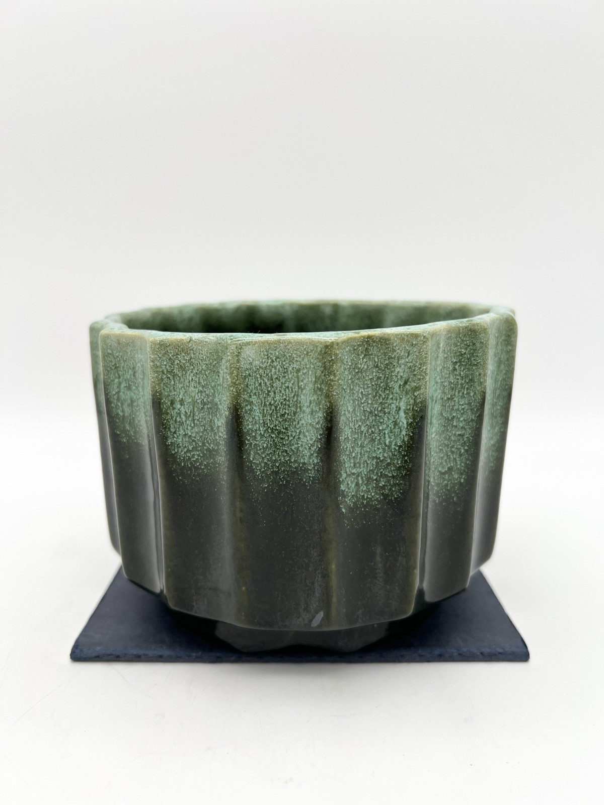 Vintage Green Glazed Ribbed Ceramic Planter Fluted Art Pottery Mid Century