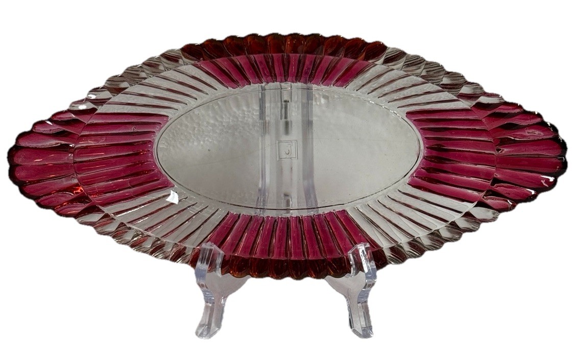 9” Clear & Ruby Red Jeannette Glass National Oval Ribbed Bowl Flashed