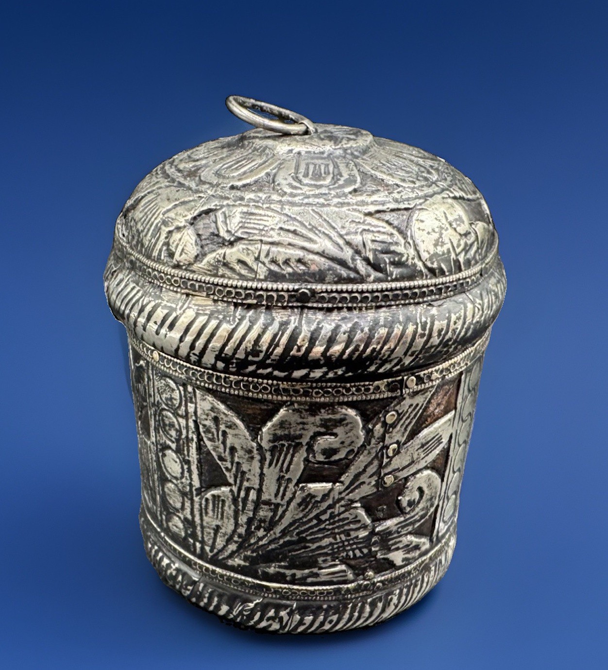 Antique Ornate Round Embossed Silver Metal over Wood Decorative Container 4”