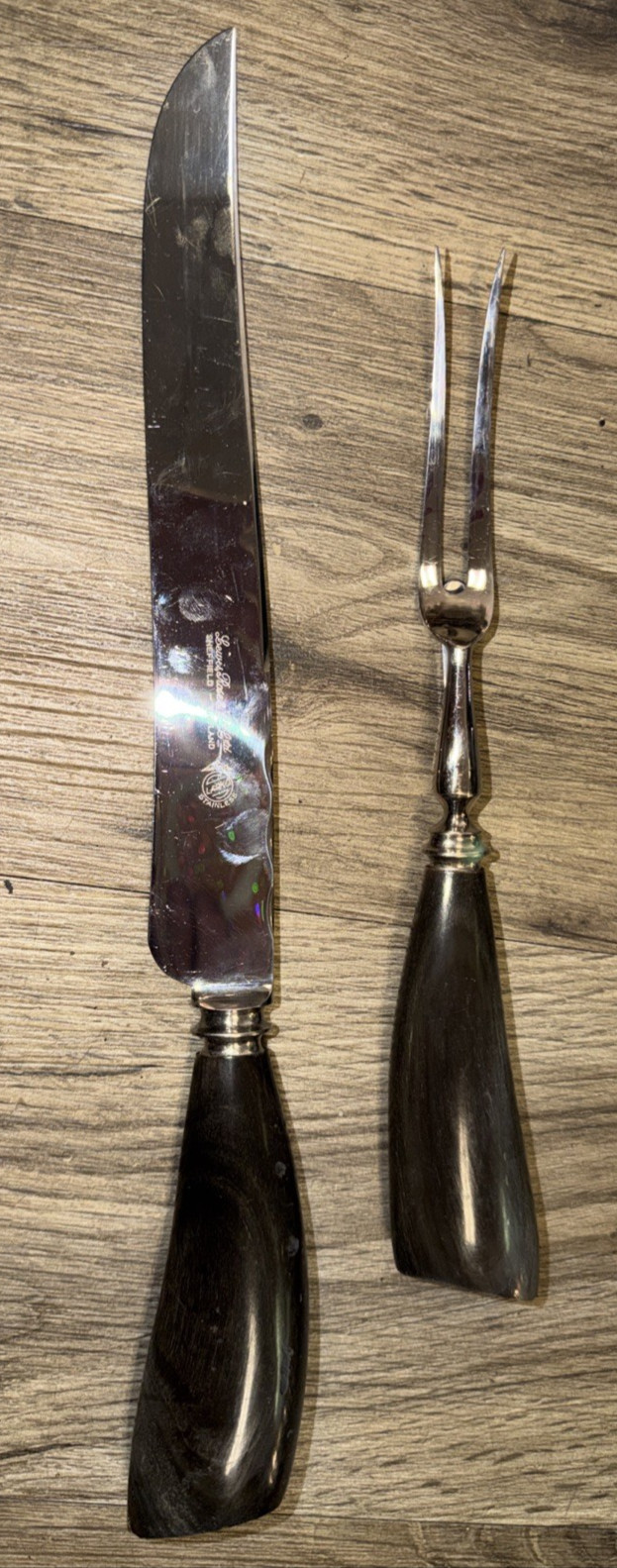 Antique Lewis Rose & Co Sheffield Carving Set Buffalo Horn Handles?? Stainless