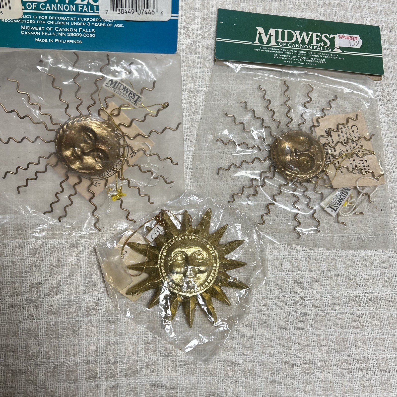 Lot Of 3 Vintage NOS Sun Face Metallic Gold Ornaments Celestial 90s Whimsy 