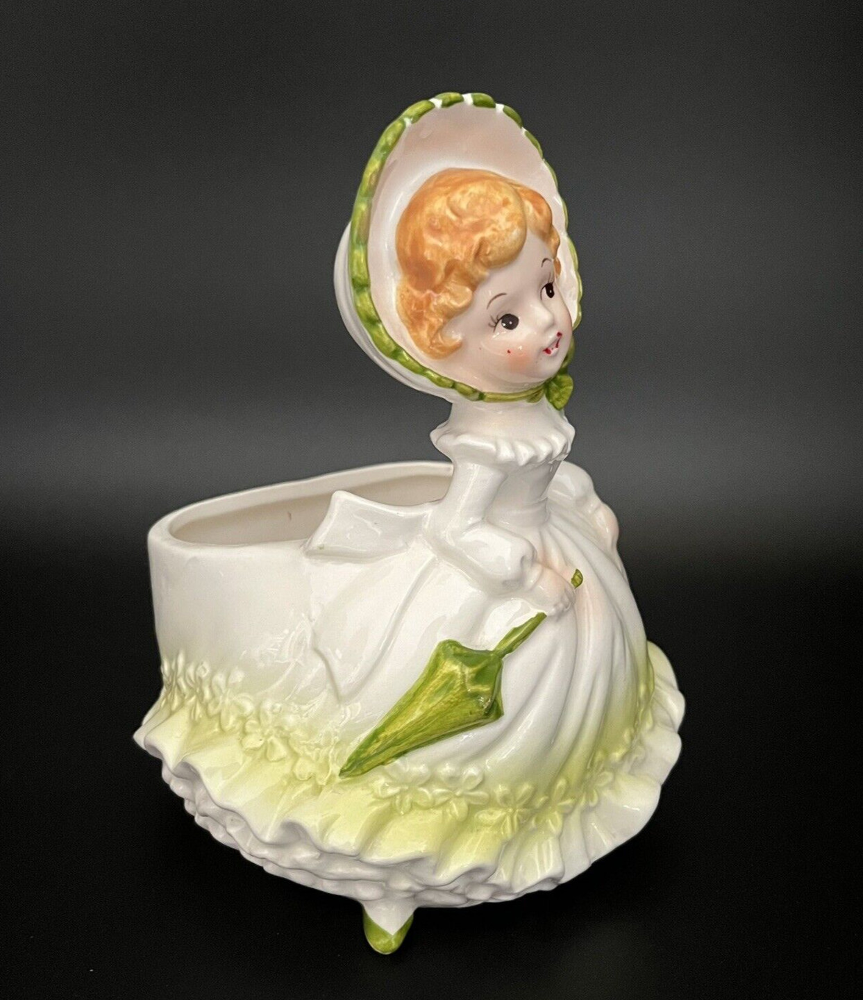 Vintage Relpo Lady Planter Girl Southern Belle Green Bonnet Parasol # 6172