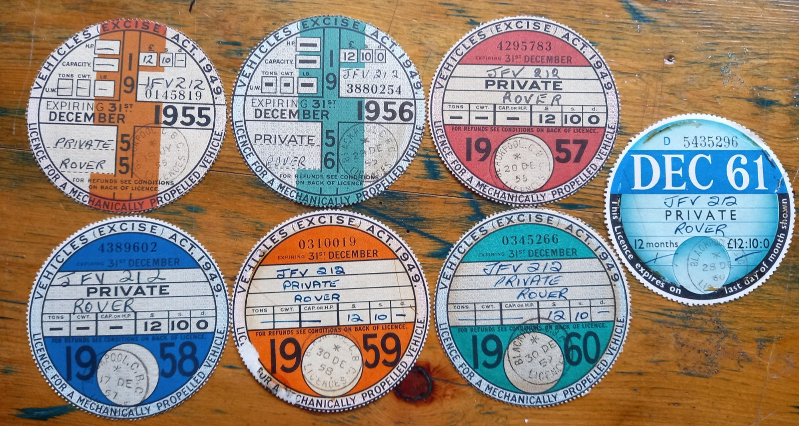 Museum Rare 7-Year Consecutive Run Vtg UK Tax Discs 1955-1961 Rover Car JFV 212