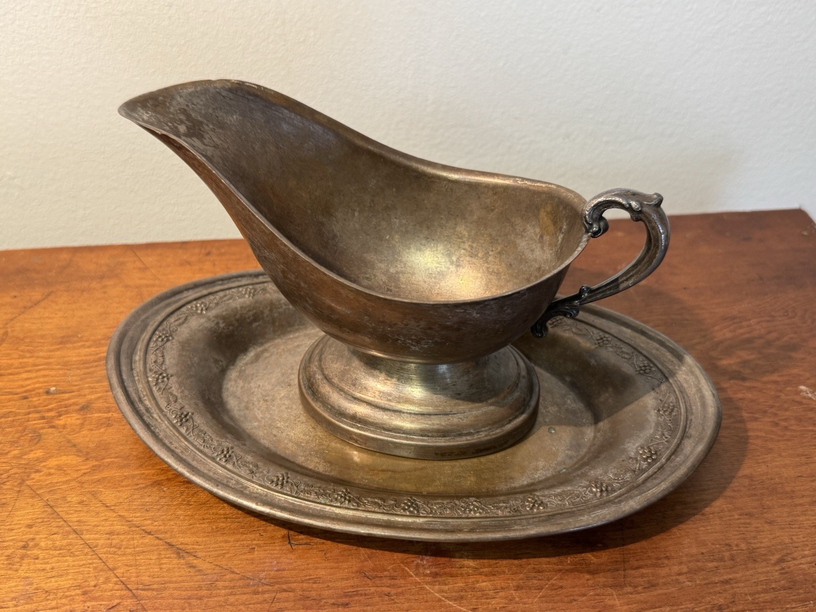 Silver Plate Gravy Boat & Tray w/ Oval Underplate, Floral Rim, Maker Mark
