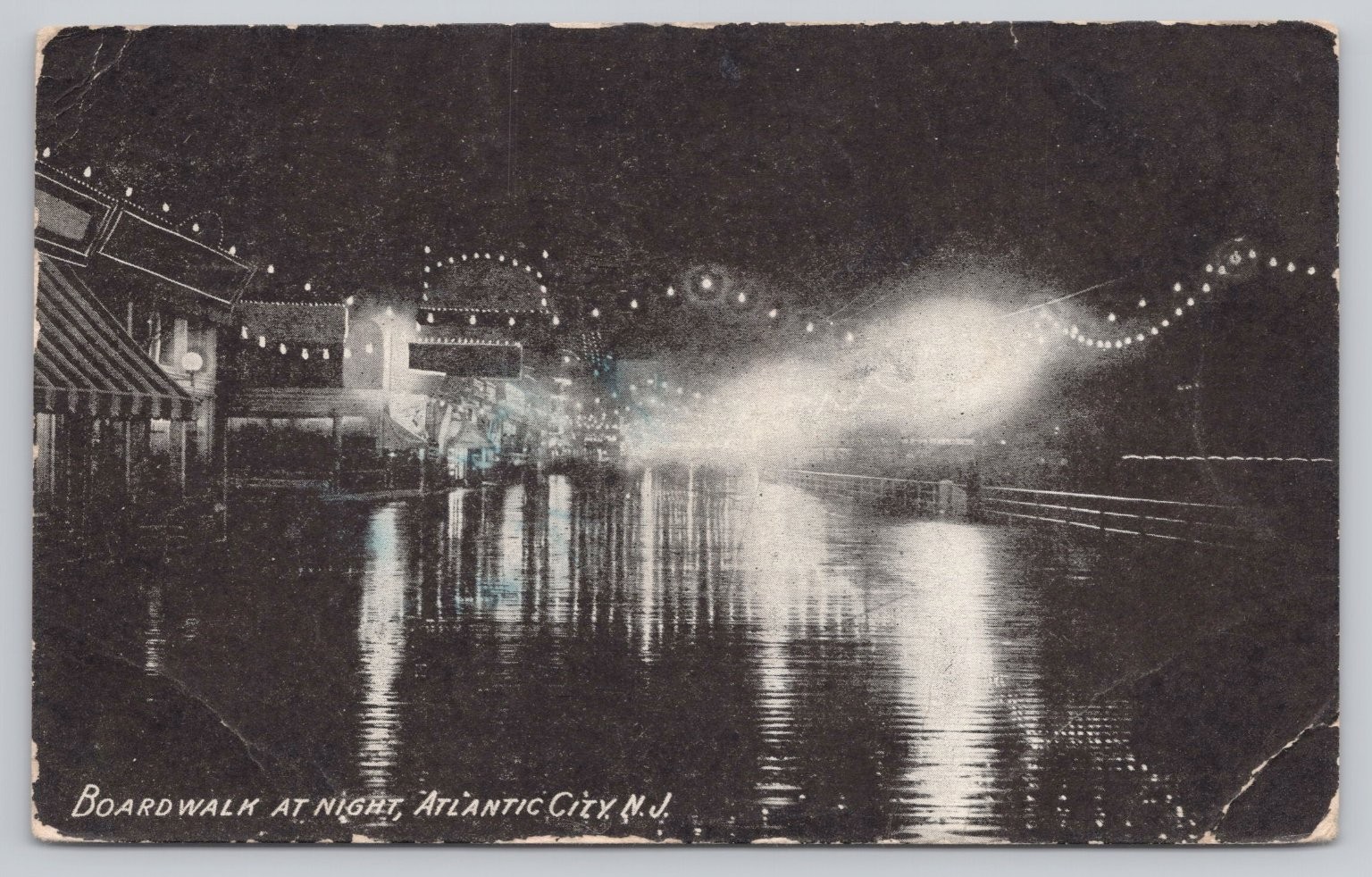 Vintage 1908 Atlantic City Boardwalk at Night Postcard by J.F.Mott