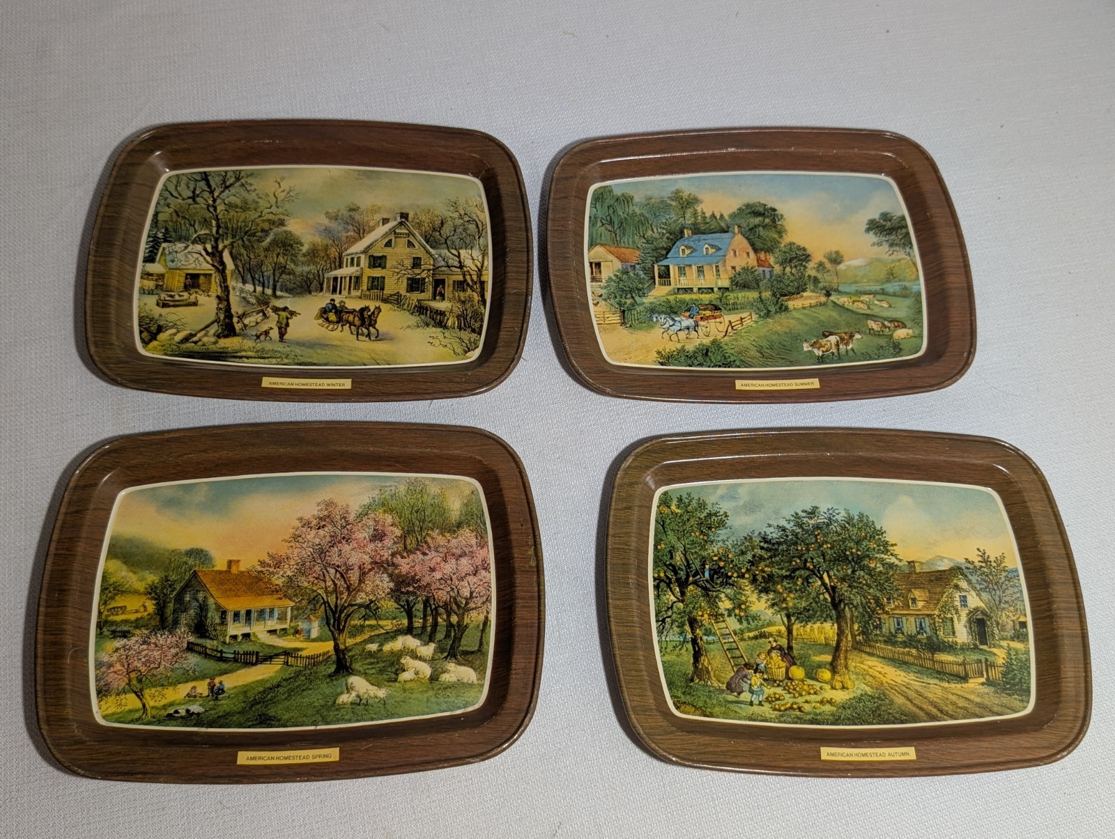 4 Seasons 1868 Vtg Currier & Ives American Homestead Season Metal Trays Set 4