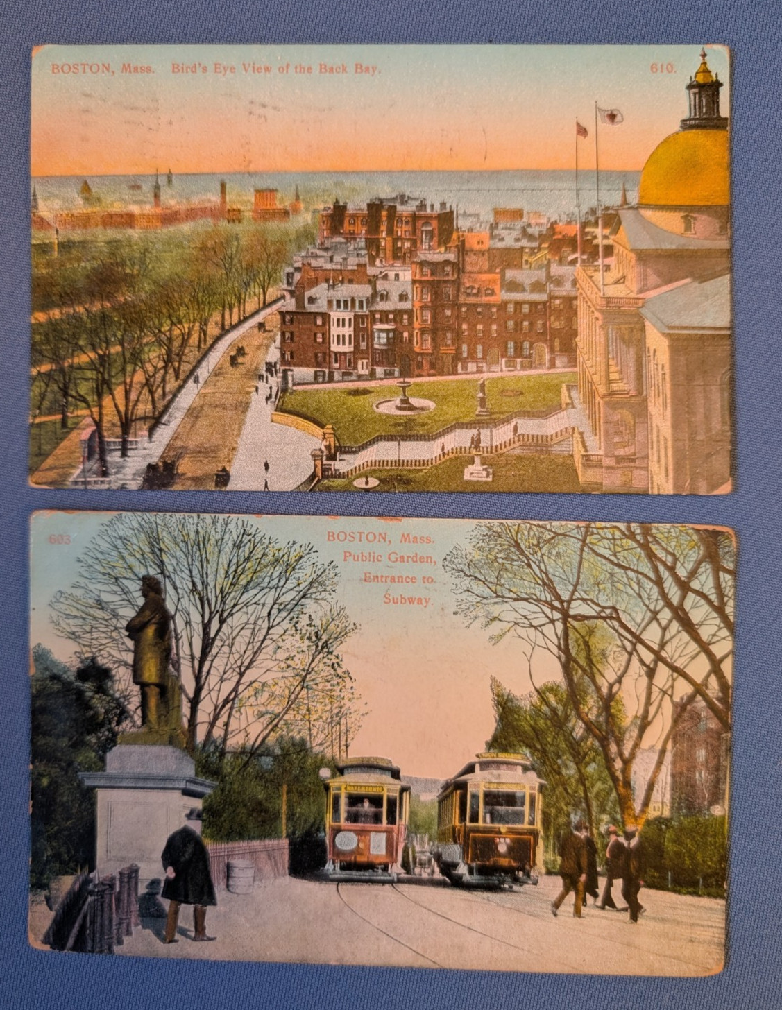 2 postcards 1910 BOSTON Public Garden Subway Entrance, Bird's Eye View Back Bay