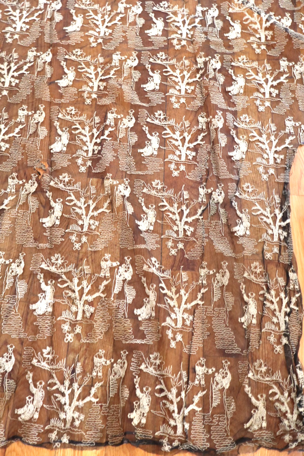 ANTIQUE IVORY EMBROIDERED CHINOISERIE BLACK NET LACE FABRIC approximate 63X43